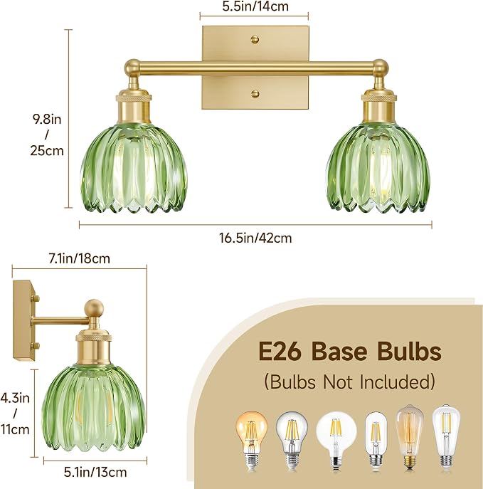 Bathroom Lights Over Mirror,2-Light Vintage Vanity Light Fixtures,Retro Brass Bathroom Light, Flower Wall Sconce With Green Tulip Glass Shade For Bedroom, Living Room, Dressing Table, E26 Base