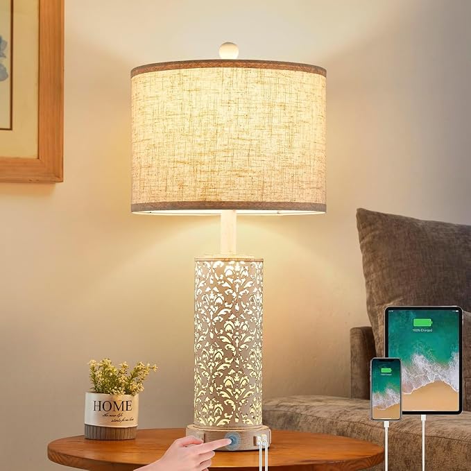 SAIWEYA 26" Set of 2 Farmhouse Table Lamp for Bedroom, Dimmable Touch | 3 Way Dimmable, 2 USB Ports + AC Outlet Bedside Lamp for Nightstand, LED Bulb Included, Fabric Shade, Flower Metal Body