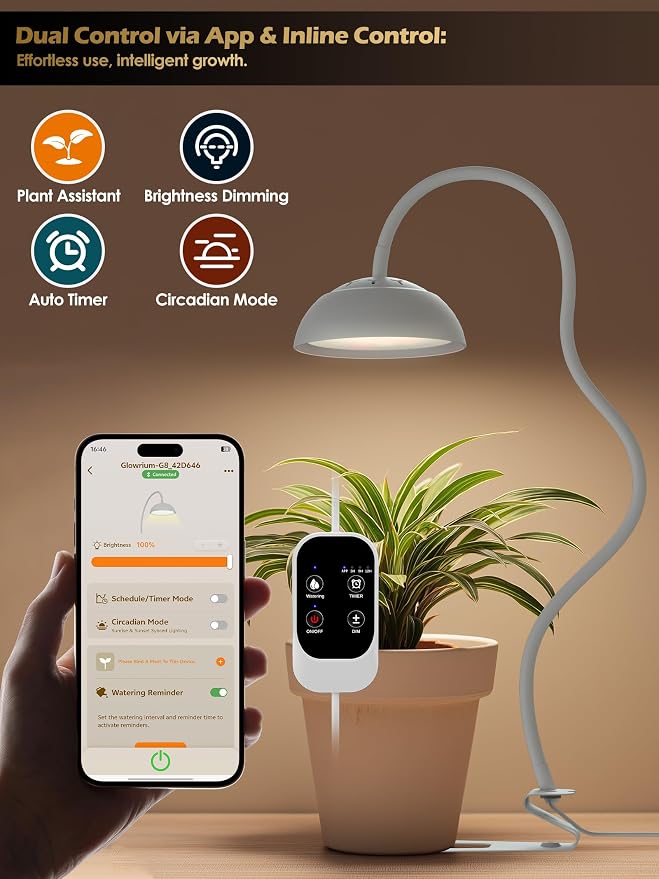 Smart Grow Light for Indoor Plants, Full Spectrum Plant Grow Light | 10W LED Plant Light with 3/9/12 Timer, Smart APP&in-line control, 10 Dimming Levels, Height Adjustable Grow Light with Base