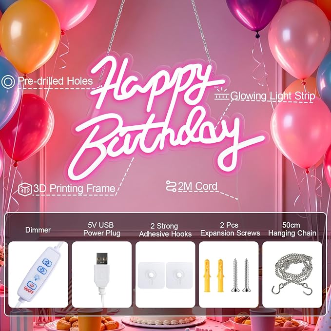 Happy Birthday Neon Sign for Wall Party Decor, LED Happy Birthday Light up Sign for Backdrop, 16"x 11" USB Powered 10 Brightness Settings Light up Signs Party Decorations Backdrop, Pink