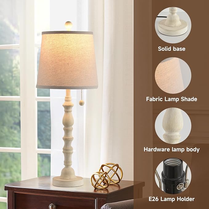 Terpsichore Lamps for Living Room Modern Farmhouse Table Lamp Bedside Reading Lamps Set of 2 Night Stands Bedroom Night Lamp,with Fabric Lamp Shade (White, High 26.25 Inch)