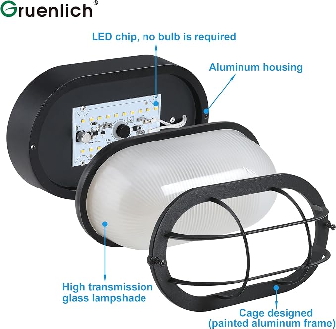 GRUENLICH LED Bulkhead Light Fixture, Aluminum Outdoor Wall Lantern, 8.5" | Oval Exterior Porch Light Wall Sconce for House Walkway Nautical Sauna, Dimmable 6W 600 Lumen, Glass, 3000K, Black, 1 Pack