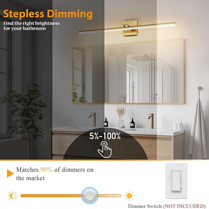 LED Bathroom Vanity Light, Modern Bathroom Light Fixture Over Mirror (3000K/4000K/6000K, Dimmable), Vanity Light Bar with Angle Adjustable, 32 Inch, Brass