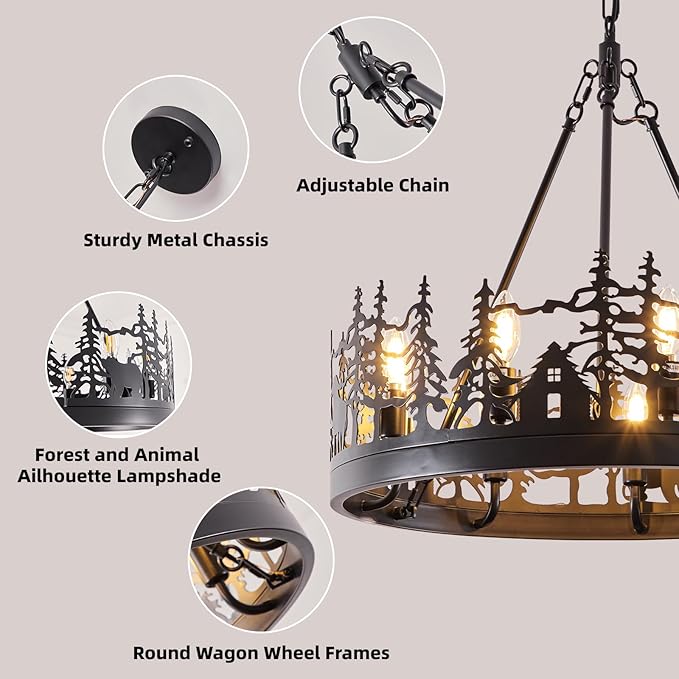 9-Light Rustic Farmhouse Chandelier, Black Wagon Wheel Pendant Light Fixture 23.6” Round Vintage Bear Chandelier for Dining Room Living Room Kitchen