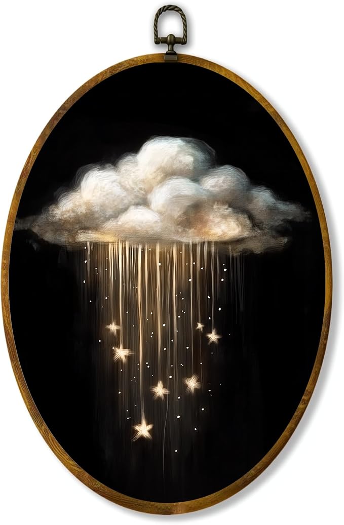 zewepri Whimsical Cloud Canvas Wall Art, Celestial Bohemian Decor, 8.6x11.4 | Cloud and star artwork on high-density canvas with hook for bedroom, living room, study, or art lover gift