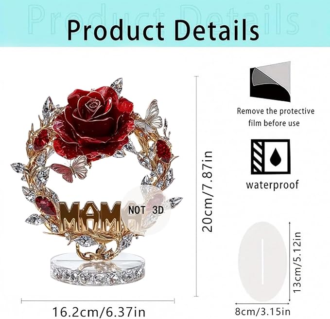 Rose Flower Ornament Acrylic DIY Crafts Mothers Day 2D Flat Rose Wreath Tabletop Present Butterfly Pattern Desktop Ornament for Home Decoration Gifts