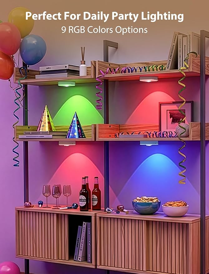 GBEAST 3 Pack Under Cabinet Lighting, Rechargeable Motion Sensor Puck Lights with Remote Control, 3 Color Temps & 9 RGB Colors, Magnetic Stick on Dimmable LED Closet Light for Kitchen Shelf Bedroom
