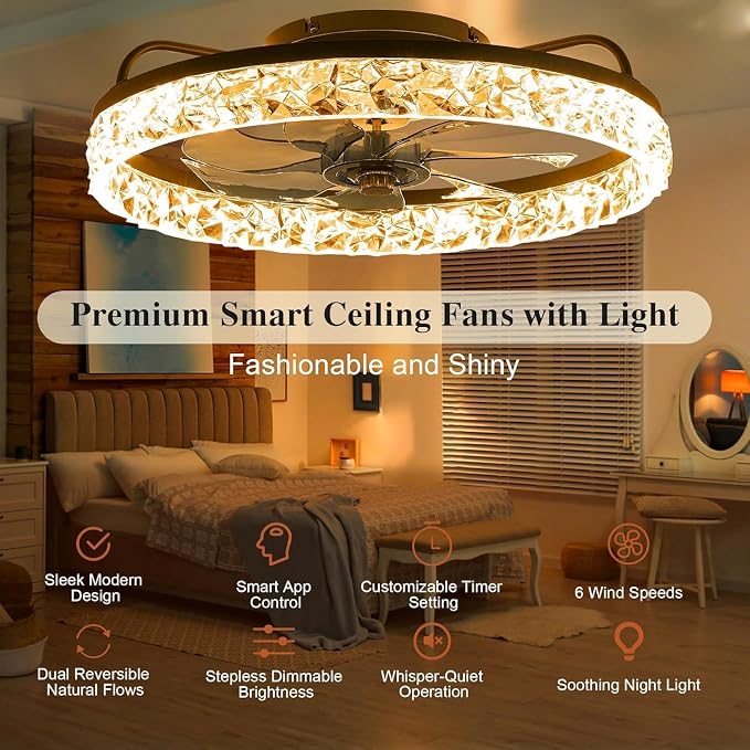 Ceiling Fans with Lights and Remote Fandelier - Low Profile Modern - 20'' Flush Mount Ceiling Fans for Bedroom,Stepless Color Temperature and 6 Speeds- Black and Crystal