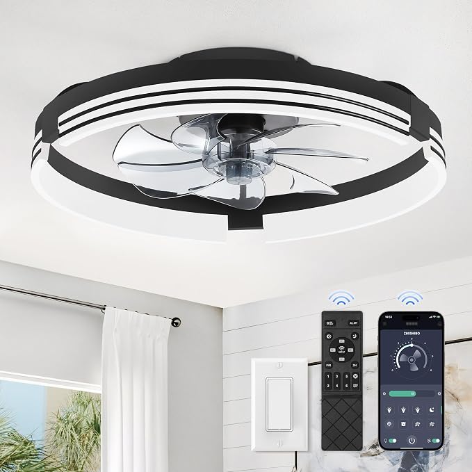 ZMISHIBO Low Profile Ceiling Fans with Lights and Remote, 20" Black | 3000K-6000K Dimmable Fandelier LED, Flush Mount, 6 Wind Speeds, Reversible, Timer, Bedroom, Living Room, Kitchen, Kids Room