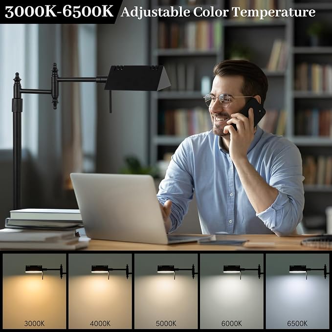 Bairth Black Reading Floor Lamp, Head 90°Rotatable Pharmacy Standing Lamp | 90°Rotatable Lamp Head 3 Color Temperature, Dimmable, 17W LED, Height Adjustable, 360°Swing Arm, Living Room, Bedroom, Craft