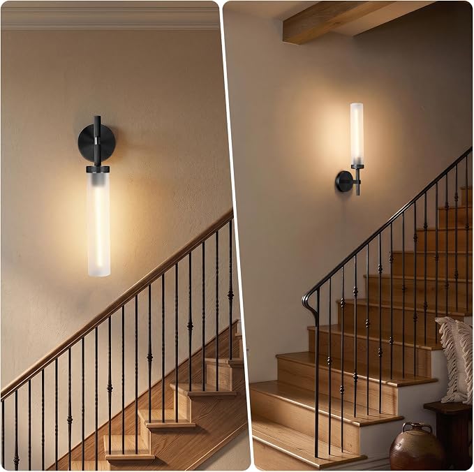Black Knurled Wall Sconce, 20" Bathroom Wall Sconce 2Pc, Glass Tube and Brass Wall Sconces Lighting, Wall Light Mirror Sconces,Vanity Sconce Lights for Bath, Bedroom, Living Room, Hallway