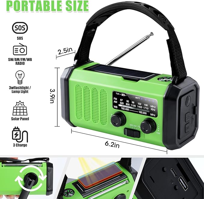 Emergency Radio with Solar/Hand Crank/USB Charging, 10000mAh Rechargeable Battery,NOAA/AM/FM Weather Radio with Multi-Function Flashlight and Cell Phone Charger for Indoor/Outdoor Emergencies