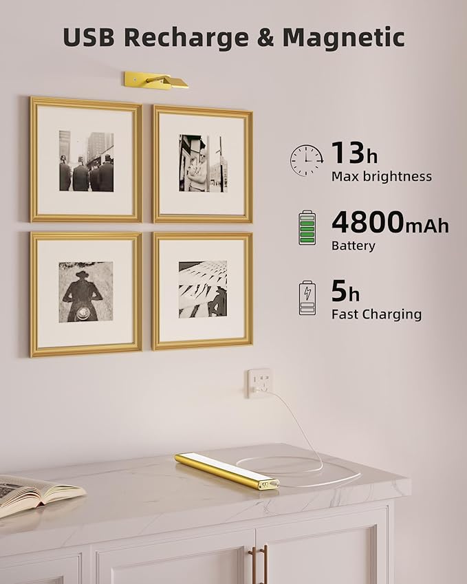 EZVALO Picture Light for Wall, 4800mAh Rechargeable Wireless Lights with IR Remote Control, 16'' Dimmable Magnetic LED Art Display Light with 3 Color Temperatures, for Gallery, Living Room(Gold-2Pack)