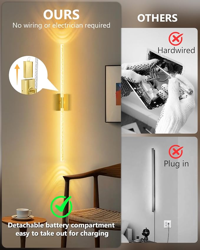 Battery Operated Wall Sconces Set of 2, Crystal Bubble Wireless Wall Light | Rechargeable 10000mAh, Touch & Remote Control, 360°Rotate 4CCT Dimmable, Wall Lamp for Living Room Bedroom Hallway Gold 31.5"
