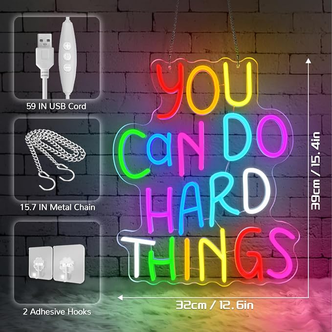 You Can Do Hard Things Neon Sign for Classroom,USB Powered Dimmable Neon Light,Motivational Wall Decor for Study,Dorm Room,Office,Inspirational Back to School Sign