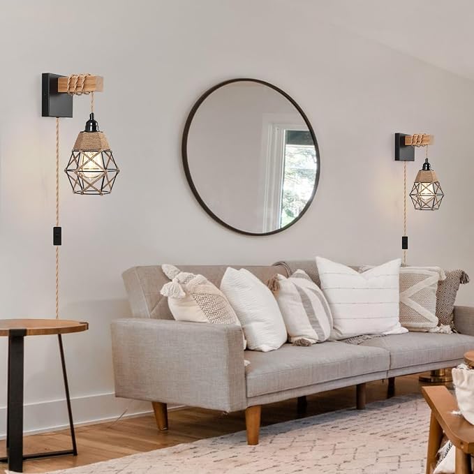 foucasal Plug-in Wall Sconces Set of Two, Rustic Farmhouse Wall Lamp | 8.75FT On/Off Switch Cord, Indoor Rustic Wall Mounted Lamps Set of 2 for Bedroom, Living Room, Bathroom, Entryway, Porch
