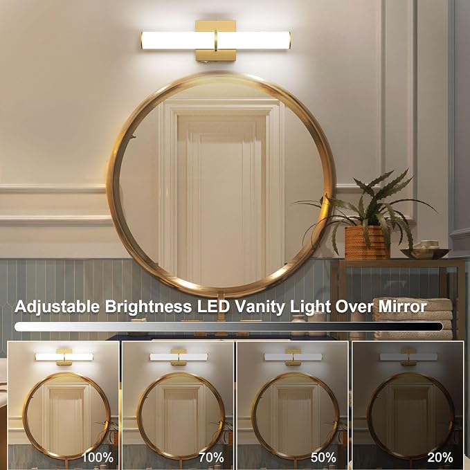 17.3Inch Modern Vanity Light Fixture with Switch, 12W 5000K Led Bathroom Light Fixture Over Mirror, Hardwired, 1200LM Gold Vanity Light Bar for Mirror Bedroom Hallway Living Room
