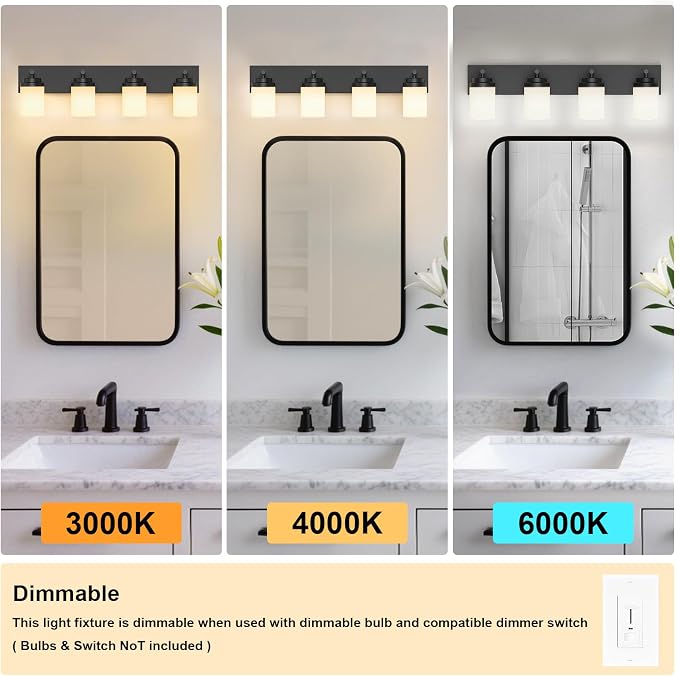 IZORRO Bathroom Vanity Light Fixture, 4-Light 30 Inch Matte Black Bathroom Light Fixtures Over Mirror, with White Glass Shade, Modern Farmhouse Vanity Lights, Rustic Restroom Lighting Fixtures