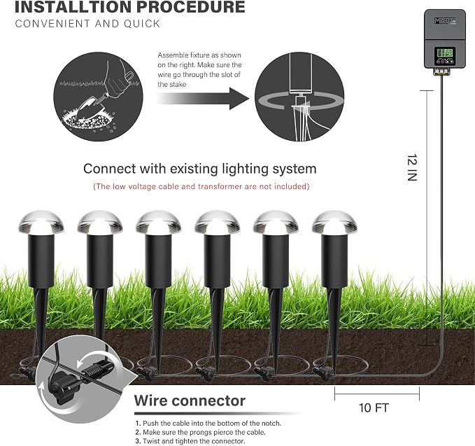 Low Voltage Landscape Pathway Lighting 6PK 1.5W LED Mushroom Lights 35Lumen Wired Walkway Light 3000K Warm White Driveway & Sideway Lights Metal Black Finish with Connector Stake