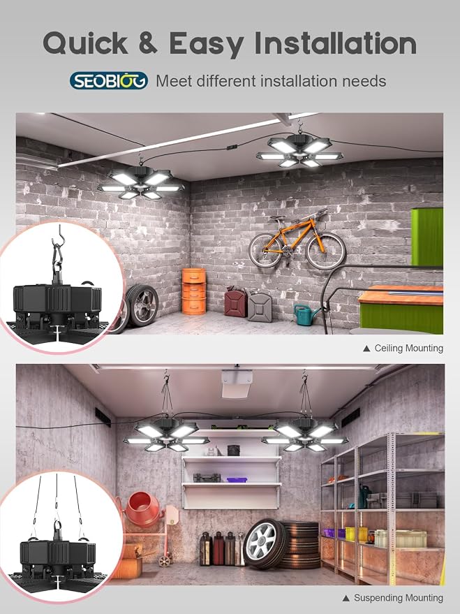 SEOBIOG 2 Pack Plug in Garage Light, 20000LM Shop Light Bay Lighting 6500K | 200W Ultra Bright, Linkable Design, 6 Deformable LED Panels, for Garage workshop Basement