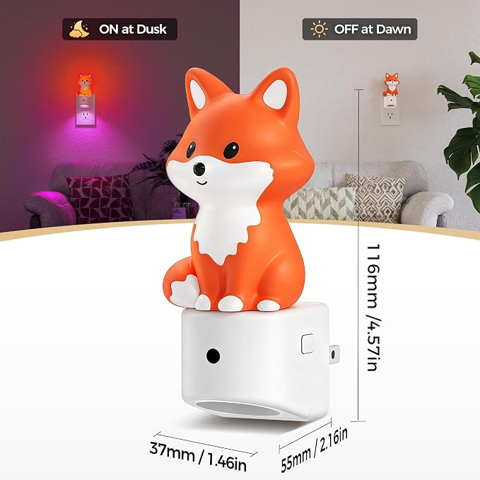 Night Light for Kids,Brown Fox Night Lights Plug into Wall,2 Pack | 8 Colors+ Soft White 3000K Nightlight,Dusk to Dawn Sensor,Nightlights for Kids Room Bedroom,Birthday Gift