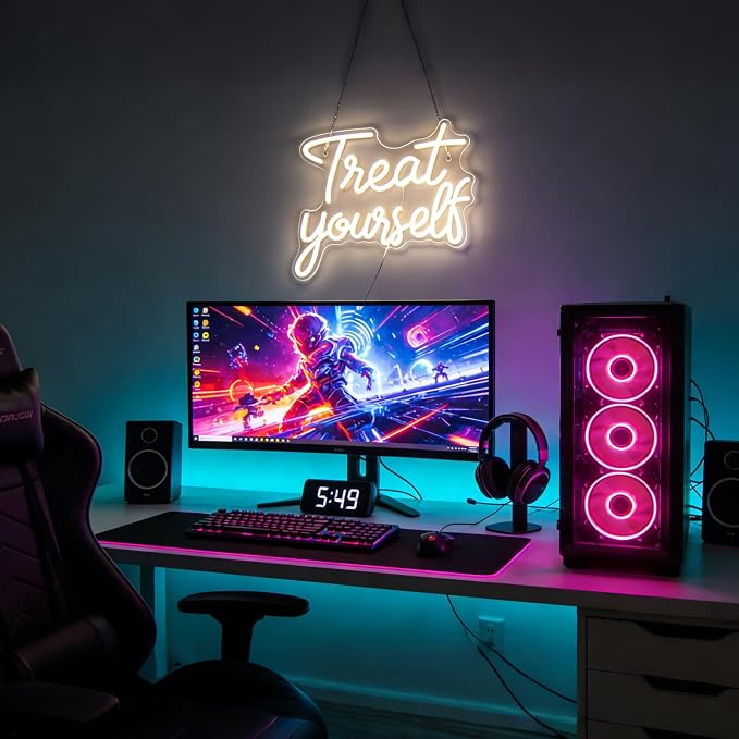 Treat Yourself Neon Signs, Warm White Dimmable LED Word Sign for Wall Decor | Treat Yourself Light Sign for Bedroom Wall Letter Neon Lights Wedding Sign Room Decor for Birthday Gift Party Home Decor Bar