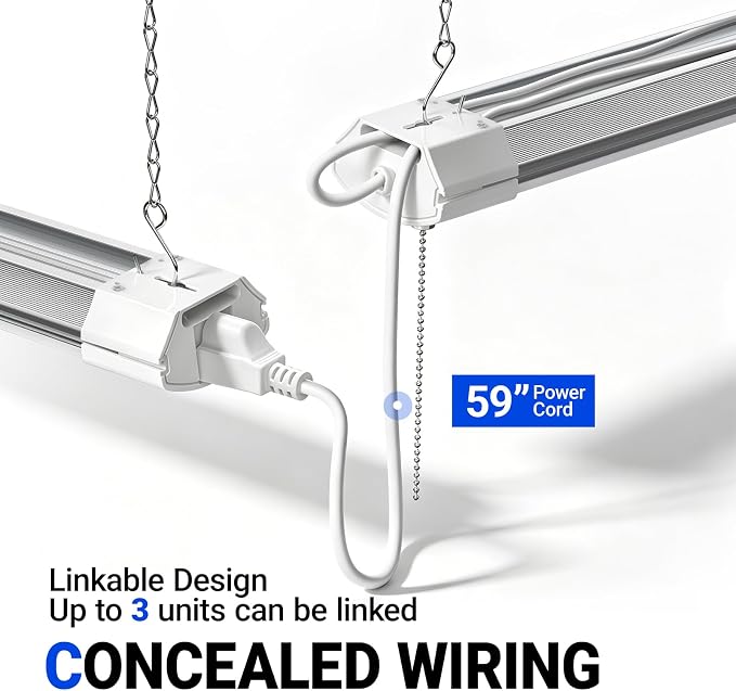 Barrina BS84 LED Shop Lights 4FT for Workshop, 84W 10000LM 6500K, 4 Packs | 4FT for Garage Basement, Hanging or Flush Mount, Linkable to 3, Hidden Wiring, with Pull Chain Switch, Frosted Cover, White