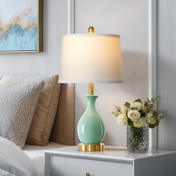 24″ Sage Green Ceramic Table Lamps Set of 2, Modern Classic Bedside Lamps for Bedroom Nightstand, Small Table Lamp for Living Room Side Table (2 LED Bulbs Included)