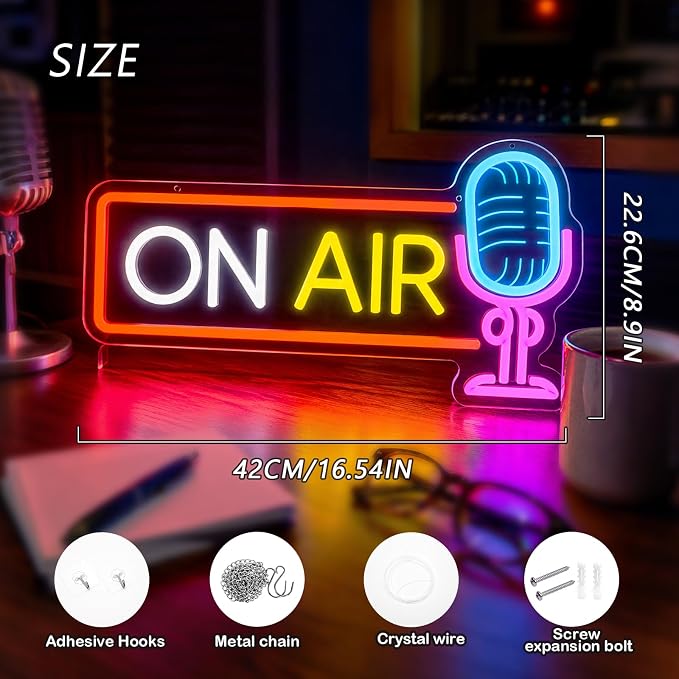 ON AIR Neon Sign with Microphone Neon Live On Air Sign for Recording Studio | ON AIR sign for streamers, podcasters, and content creators, suitable for streaming setups, recording spaces, and studios