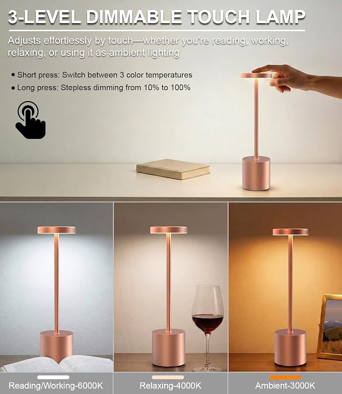 Cordless Table Lamps Rechargeable Set of 2, Portable LED Desk Lamp, 5000mAh Battery Powered Wireless Table Light - 3 Color Dimmable Lighting for Restaurant Dining Patio Outdoor Bedroom(Rose Gold)