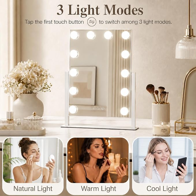Makeup Mirror with Lights, 10X Magnification, 16.5x13.1in | 3 color modes & dimmable brightness, memory function, perfect for vanity & bedroom, gift for women