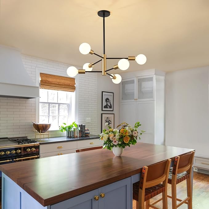 Modern Chandeliers for Dining Room, Black and Gold Chandelier Ceiling Light Fixture 6-Light Sputnik Chandeliers Mid Century Chandeliers for Living Room,Kitchen Island,Bedroom,Foyer