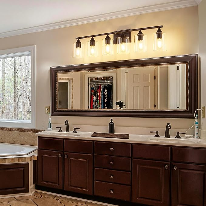 6-Light Matte Black Bathroom Light Fixtures, Over Mirror with Clear Glass Shade, Wall Light Sconce for Vanity Table, Hallway