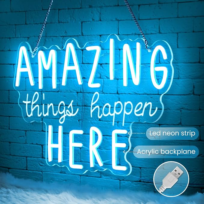 Amazing Things Happen Here Neon Sign – LED Neon Wall Decor with USB Power & Dimmable Brightness, Motivational Neon Light Sign for Bedroom,Office,Classroom,Inspirational Room Decor