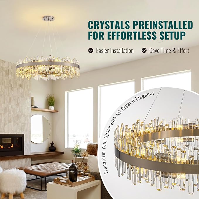 Siljoy Modern Crystal Chandelier, 20-Light Luxury Large Nickel 2-Tiers Raindrop Chandelier, Adjustable Flush Mount Pendant Ceiling Light for Living Dining Room Foyer Entryway D39.4''