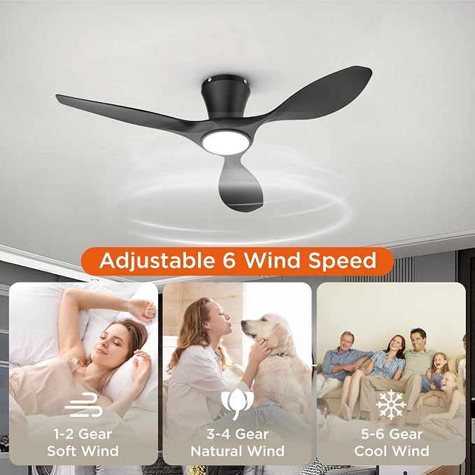 TALOYA 42 Inch Black Ceiling Fans with Lights Led Remote Control Flush Mount Low Profile for Bedroom Farmhouse Patio Outdoor Living Room Kitchen Dining Room,DC Motor,Reversible