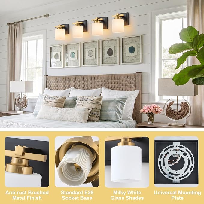 Modern Bathroom Light Fixtures Over Mirror, Vanity Lights for Bathroom Wall Sconces with Milky White Glass Shades, E26 Socket (Bulbs Not Included), 1 Light, Black Gold