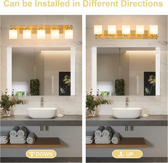Modern Bathroom Light Fixtures Over Mirror, Vanity Lights for Bathroom Wall Sconces with Milky White Glass Shades, E26 Socket (Bulbs Not Included), 5 Light, Brass