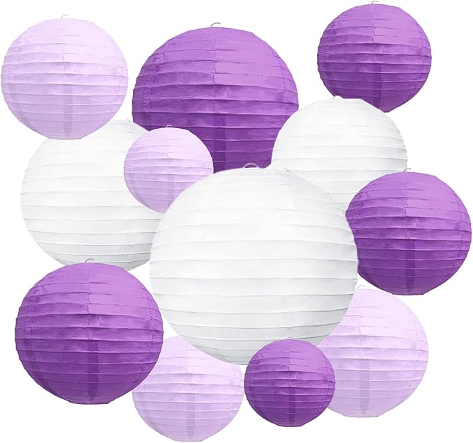 20Pcs Purple Light Purple White Paper Lanterns for Parties, 6” 8” 10” 12” Chinese Asian Hanging Round Paper Lanterns for Birthday Wedding Halloween Christmas Home Decor Party Decor