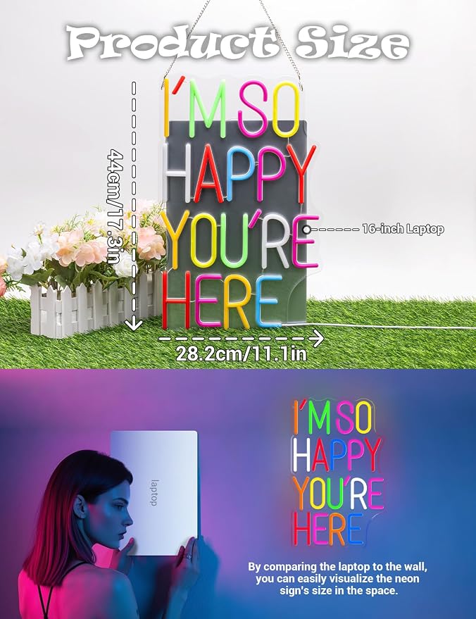 I'm So Happy You're Here Neon Sign, Welcom LED LED Neon Light Sign for Classroom & Kids Room, Positive Affirmation Wall Decor for Home, Cafe & Business, Colorful Letter Neon Sign (You're Here)