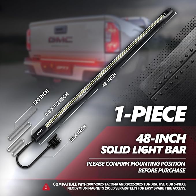 OPT7 Redline 48" Aluminum Truck Tailgate Light Bar w/Sequential Red Turn - Weatherproof Rigid 1-Piece Triple Row LED Strip - Dynamic Taillight w/White Reverse - Fits Tacoma, Colorado, Frontier, Canyon