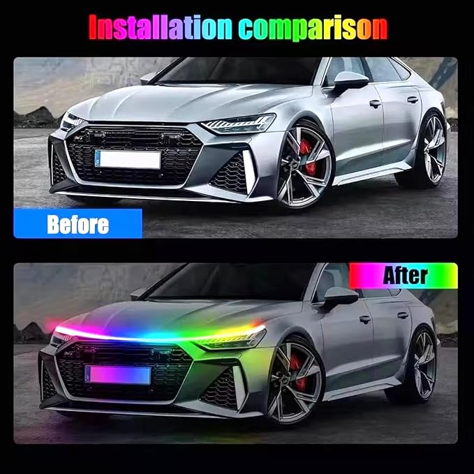 RGB Car LED Hood Light Strip for Cars, SUVs, Trucks, 70 Inches | 12V, Flexible Waterproof, Daytime Running Lights, Dynamic Scan Start-up Effect, with Turn Signal & Remote Control, Universal