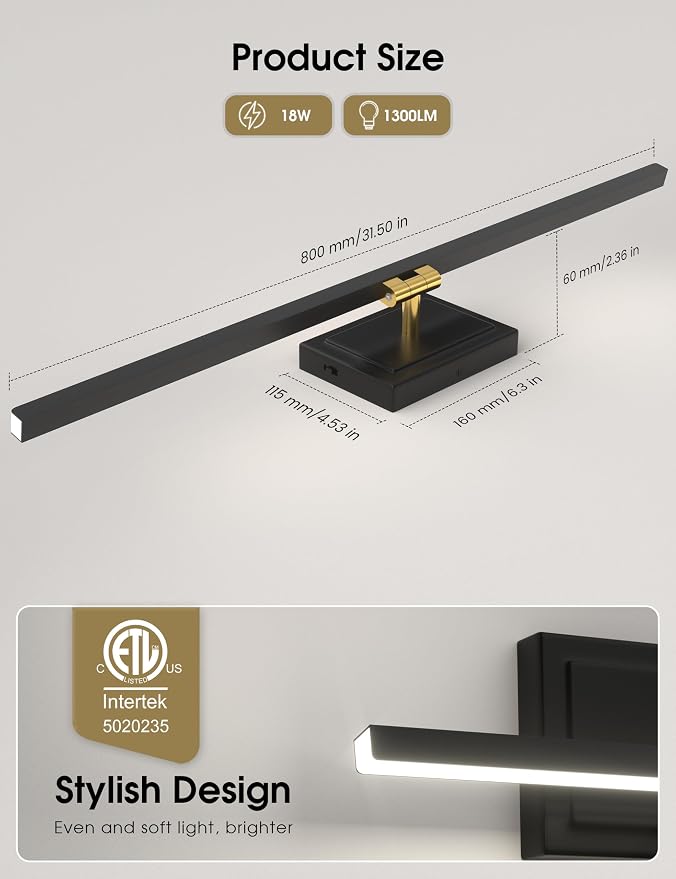 VOLISUN Modern Bathroom Vanity Light 31.5 inch, Rotatable, 18W Dimmable 5CCT Led Bathroom Light Fixture Over Mirror, Black Gold Bar Vanity Light for Bathroom Mirror Cabinets-ETL Certificated
