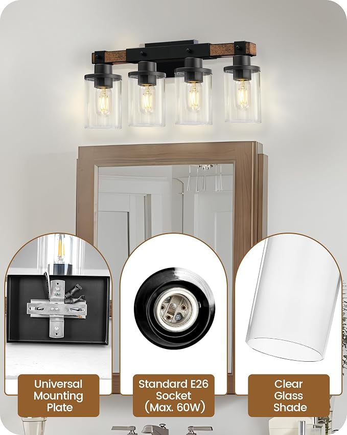 4-Light Bathroom Light Fixture, Farmhouse Vanity Lights for Bathroom with Glass Shade, Rustic Bathroom Light Fixtures, E26 Base F09BD05