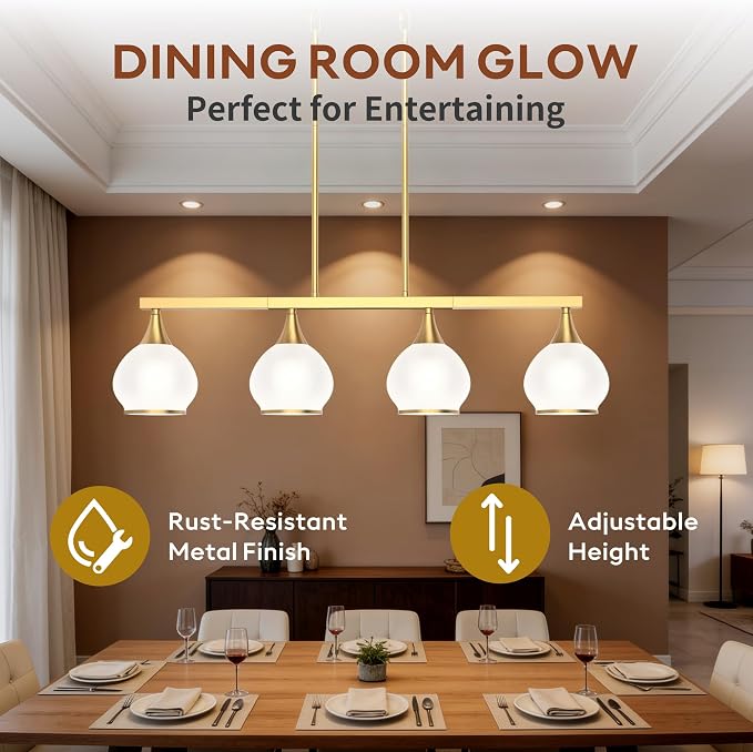 Kitchen Island Linear Pendant Light, 4-Light Gold Dining Room Chandelier with White Glass Globe Shades, Modern Linear Lighting Fixture Over Table