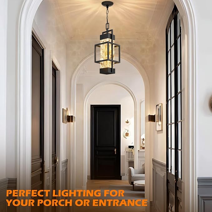 Hotsonic 15'' Outdoor Indoor Pendant Celing Light Fixture, Modern Exterior Hanging Chandelier Porch Lights, Black Aluminum Outside Lantern Lamp for Entrance Foyer Entryway (Bulb Included)