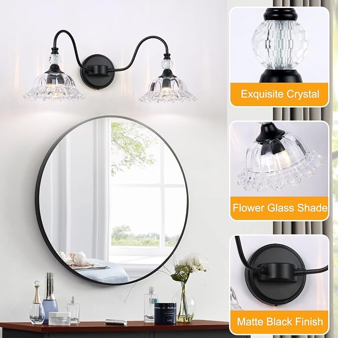 Farmhouse Bathroom Vanity Light Fixtures 2 Lights Matte Black Vanity Lights for Bathroom with Floral Crystal Glass Shade Wall Lighting Fixtures Over Mirror(Exclude E26 Bulb)