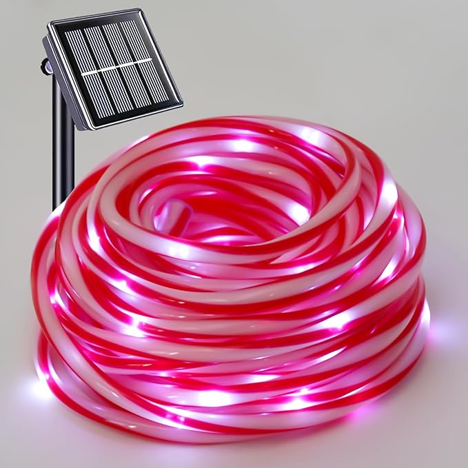 YEGUO Solar Rope Light Outdoor Waterproof, 66ft 200 LED Candy Cane String Lights, 8 Modes Tube Christmas Lights in Clear Thin Tube