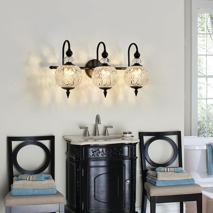 Piepooye Vintage Bathroom Light Fixtures Black Vanity Light with Glass Globe LampShade 3 Lights Mid Century G9 Bulb Wall Sconce Indoor Vanity Light Over Mirror for Kitchen Bedroom Farmhouse