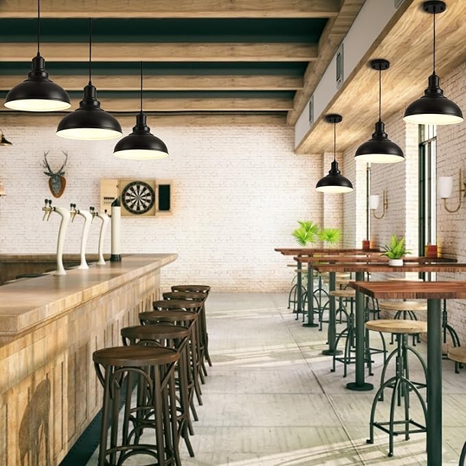 2PCS Matte Black Pendant Lights, Farmhouse Pendant Lamp with Metal Shade (White Inside), Industrial Pendant Lighting for Kitchen Island, Dining Room, Bedroom, Hallway